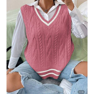 SHEIN Curve Women’s Sweater Vest Pink White Stripe Cable Knit Size 1X Acrylic